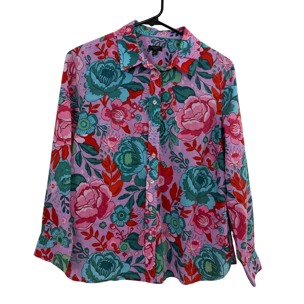 Talbots Shirt Womens Large Petite Purple Floral Print Long Sleeve Button Front